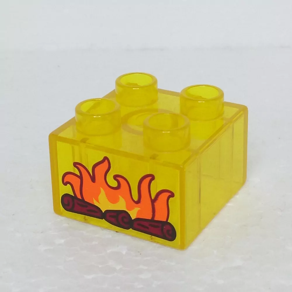 Lego® Duplo® Kostka 2x2 žlutá průhledná potisk oheň
